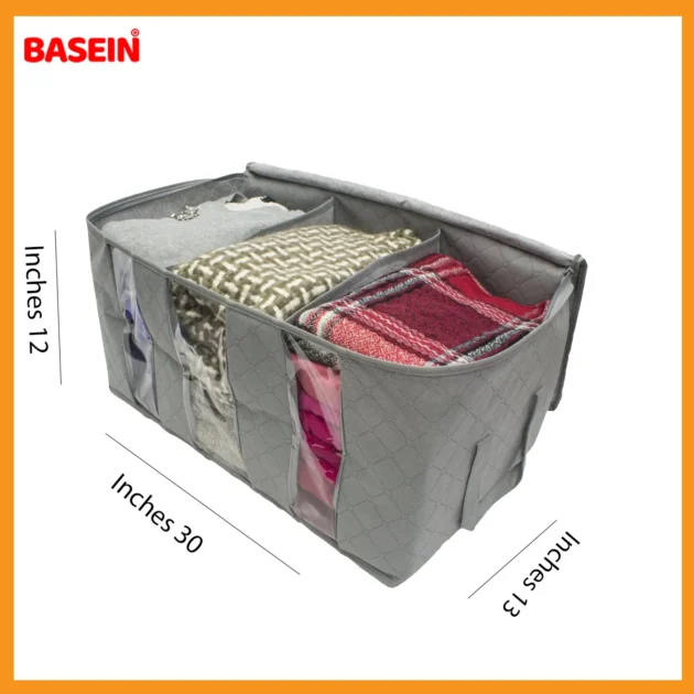 BASEIN 3-Compartment Foldable Storage Bag – Clothes & Blanket Organizer (2-Pack, Gray) - Image 2