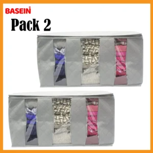BASEIN 3-Compartment Foldable Storage Bag – Clothes & Blanket Organizer (2-Pack, Gray)