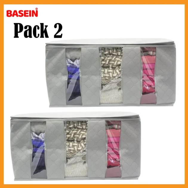 BASEIN 3-Compartment Foldable Storage Bag – Clothes & Blanket Organizer (2-Pack, Gray)