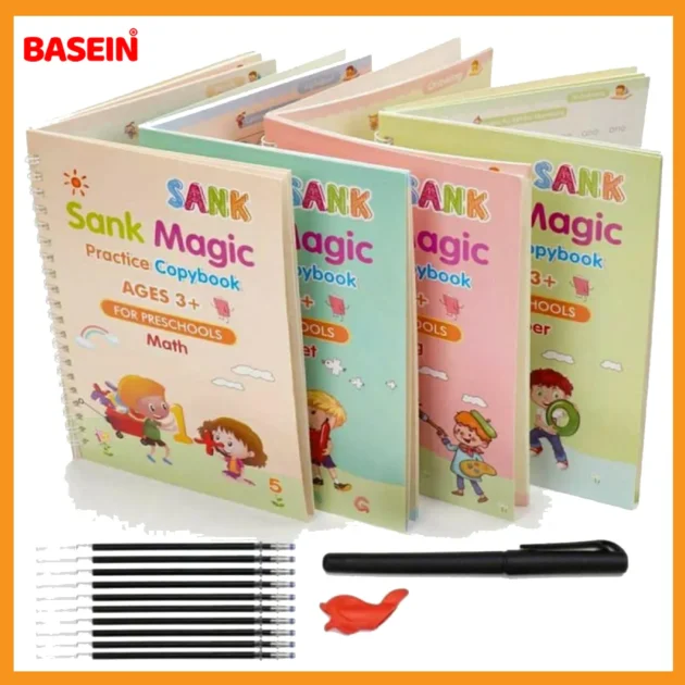 Basein Sank Magic Reusable Practice Copybook – Handwriting & Drawing Workbook for Kids (4 Books + Pen) - Image 3
