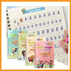 Basein Sank Magic Reusable Practice Copybook – Handwriting & Drawing Workbook for Kids (4 Books + Pen)