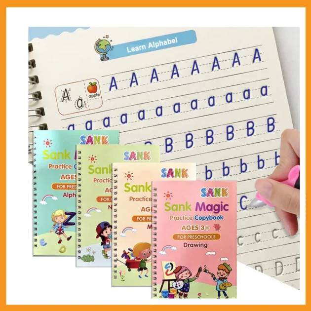 Basein Sank Magic Reusable Practice Copybook – Handwriting & Drawing Workbook for Kids (4 Books + Pen)