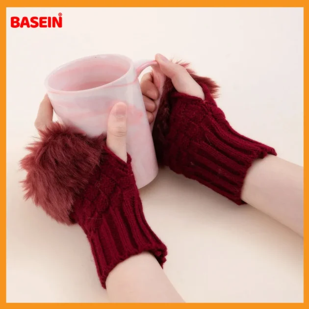 Basein Winter Fingerless Gloves – Knitted Half-Finger Warmers for Women & Girls - Image 2