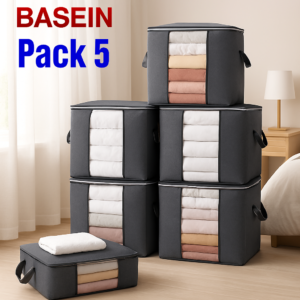 Basein Pack of 5 Large Storage Bags – Foldable Bamboo Charcoal Organizer for Clothes & Blankets
