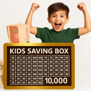 Kids Saving Box – 10,000 PKR Money Saving Challenge Chart for Children Fun Learning Wooden Cash Box with Lock